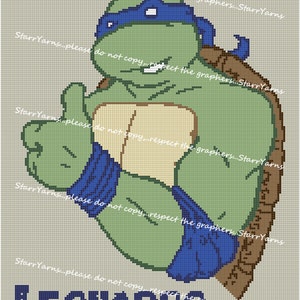 May include: A pixel art cross-stitch pattern of Leonardo, one of the Teenage Mutant Ninja Turtles, holding a pizza slice. The pattern is on a beige background with the text "Starr Yarns...please do not copy...respect the graphers...Starr Yarns" repeated around the edges. The text "LEONARDO" is at the bottom of the pattern.