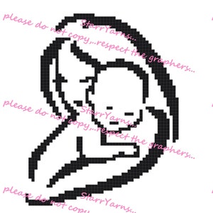 May include: Black and white pixel art illustration of a mother holding a baby. The mother is holding the baby close to her chest, and the baby's head is resting on her shoulder.