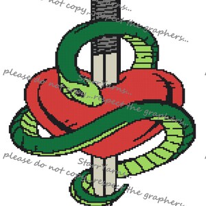 May include: A green snake wrapped around a red heart with a silver dagger piercing through the center. The snake's tail is curled around the dagger's handle.