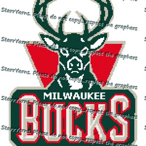 May include: Green and red pixel art of the Milwaukee Bucks logo. The logo features a stylized deer head with antlers and the word "BUCKS" in white letters with a red outline. The word "MILWAUKEE" is written in white letters with a red outline above the word "BUCKS".