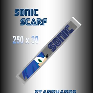 May include: A blue and white pixelated image of Sonic the Hedgehog on a gray background. The image is a scarf design with the text "SONIC SCARF" and "250 x 30" above the image and "STARRYARNS" below the image.