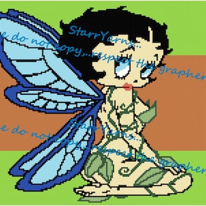 Puede incluir: Una ilustración de dibujos animados de un hada con alas azules y enredaderas verdes envueltas alrededor de su cuerpo. El hada tiene el pelo negro y un vestido rosa. El fondo es un patrón de rayas verdes y naranjas.