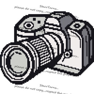 May include: Black and white pixel art illustration of a vintage camera. The camera has a large lens and a viewfinder on the top.