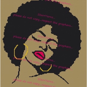May include: A pixelated portrait of a woman with black hair and gold hoop earrings. Her lips are bright pink. The background is tan. The text "StarrYarns... please do not copy...respect the graphers..." is overlaid on the image.
