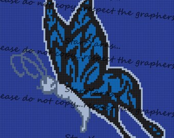May include: Blue and black butterfly pixel art design. The butterfly is flying with its wings spread out. The background is a dark blue grid.