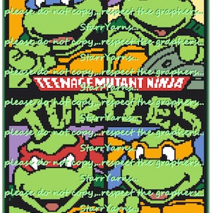 May include: A pixelated image featuring the Teenage Mutant Ninja Turtles. Each turtle is in a different coloured mask: blue, purple, red, and orange. The words "TEENAGE MUTANT NINJA TURTLES" are in the centre. The image has the text "please do not copy... respect the graphers..." repeated.