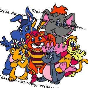 Könnte beinhalten: Eine Gruppe von sieben Comic-Tierfiguren, darunter ein blauer Hund, ein Tiger, ein gelber Vogel, ein grauer Elefant, eine rosa-graue Maus und zwei braune Bären. Die Figuren lächeln alle und schauen den Betrachter an.