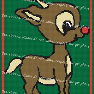 May include: A pixelated image of a brown reindeer with a red nose, standing on a green background. The image is surrounded by a red and white border with the text "StarrYarns. Please do not copy...respect the graphers" repeated around the border.