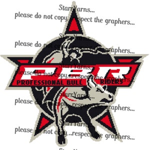 Könnte beinhalten: Ein sternförmiges Logo in Rot, Weiß und Schwarz mit dem Text "PBR PROFESSIONAL BULL RIDERS" im Inneren. Das Logo zeigt einen schwarzen Bullen mit einem roten Sattel und einen Cowboy, der den Bullen reitet.