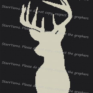 May include: A white silhouette of a deer with antlers against a black background. The deer is facing the left side of the image. The image has the text "Starr Yarns. Please do not copy...respect the graphers" repeated multiple times.