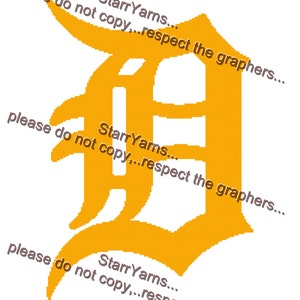 Op de afbeelding: Een gele gestileerde letter D, met de tekst "Starr Yarns... please do not copy...respect the graphers..." drie keer rond de letter herhaald.