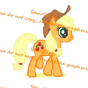 Puede incluir: Una ilustración de dibujos animados de un pony amarillo con un sombrero marrón y una manzana roja en su flanco. El pony tiene una melena y una cola de color amarillo claro. El pony está mirando hacia la derecha.