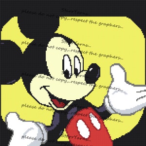 Può includere: Un'immagine pixelata di Topolino con uno sfondo giallo. Topolino indossa i suoi pantaloncini rossi e i guanti bianchi caratteristici. Sta sorridendo e salutando con la mano destra.