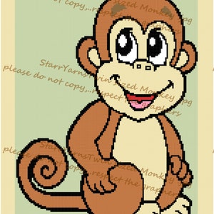 Könnte beinhalten: Eine Cartoon-Illustration eines braunen Affen mit großen Augen und einem breiten Lächeln. Der Affe sitzt mit gekreuzten Beinen und seinem Schwanz um seinen Körper gewickelt. Der Hintergrund ist hellgrün.