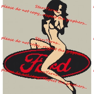 May include: A vintage-style pinup girl illustration with a red Ford logo. The woman is wearing a black swimsuit and is sitting on a black oval with the Ford logo in red.