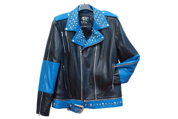 Man Leather Jacket Perfecto Heavy Black blue Metal Studs Spikes and Skulls Etsy Ireland