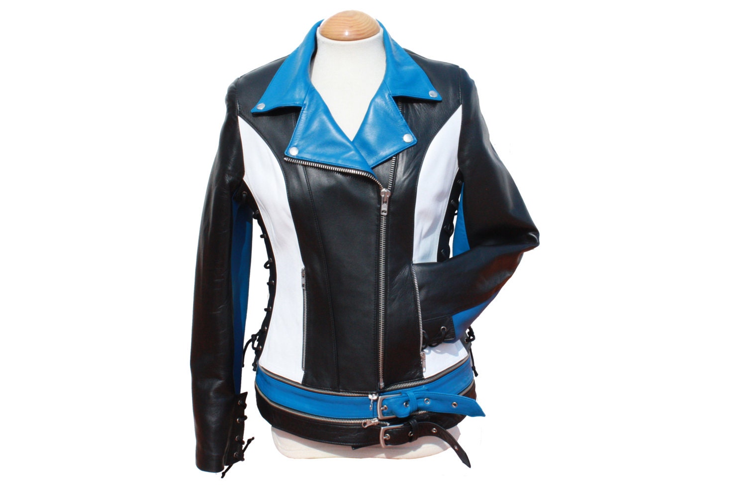Woman Girl Leather Jacket Perfecto Size M Black blue white Etsy Canada