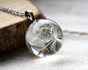 Dandelion Seed Necklace. Resin Sphere Botanical Pendant. Real flower necklace. Symbolic jewelry