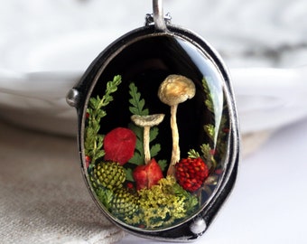Forest pendant with real mushrooms, lichens, cones, heather, wild strawberry & tiny red leaves. Real dried mushroom necklace.