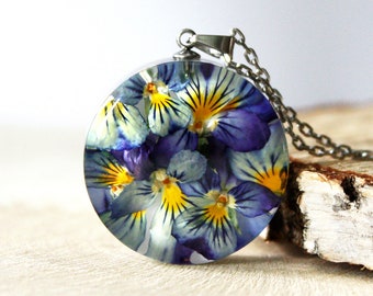 Botanical necklace with Real dried Viola flowers and petals. Resin Pansy flower Pendant. Dried flower pendant