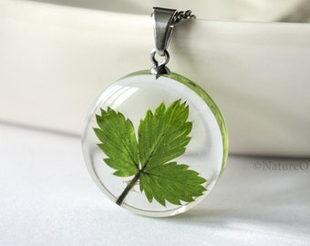 Small Botanical Necklace with Real Wild Strawberry leaf.