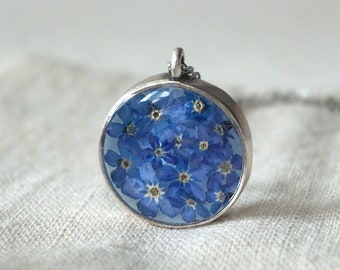 Forget-Me-Not Flower Necklace, Dried Blue Botanical Jewelry