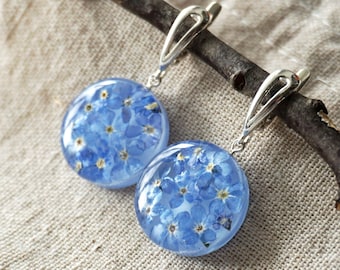 Sterling Silver Forget-Me-Not Earrings, Resin Floral Jewelry
