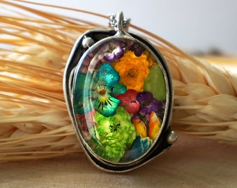 Real Dried Flower Pendant with genista, hydrangea, ranunculus, ozothamnus, viola & alyssum. Botanical Resin Jewelry