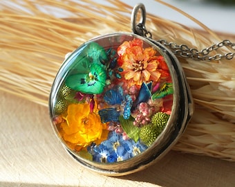 Dried Flower Pendant Necklace with with hydrangea, forget me nots, ozothamnus & mimosa flowers