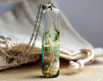 Sea Life Resin Pendant: Real Starfish & Seashells Ocean Necklace