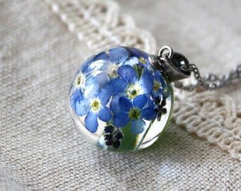 Forget-Me-Not Flower Necklace, Real Blue Flowers, Resin Orb, Stainless Steel