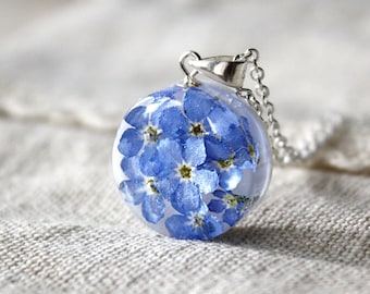 Real Forget-Me-Not Flower Necklace, Tiny Resin Pendant, Stainless Steel Chain