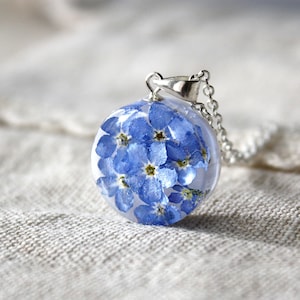 Botanical Necklace with Real Blue Forget me not flowers. Tiny Resin Pendant. Real flower necklace. Forget me not jewelry