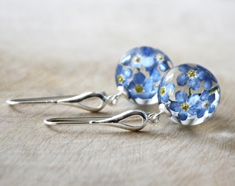 Forget Me Not Earrings, Sterling Silver, Resin Spheres. Dried Flower Jewelry