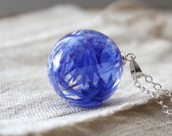 Real Cornflower Resin Orb Necklace, Stainless Steel Chain. Botanical pendant