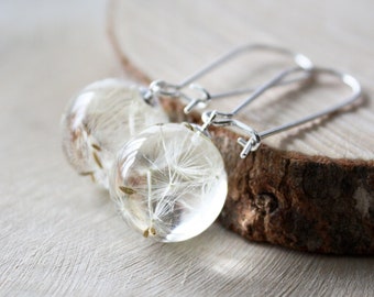 Resin Dandelion Seed Earrings, Sterling Silver Botanical Jewelry
