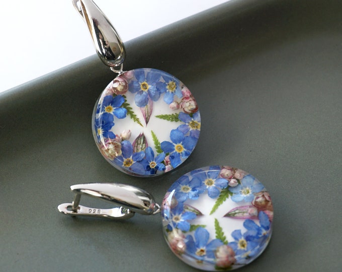 Featured listing image: Botanical earrings with Real Blue Forget me not flowers, ozothamnus and Fern. Latch back resin earrings with dried flowers and plants.