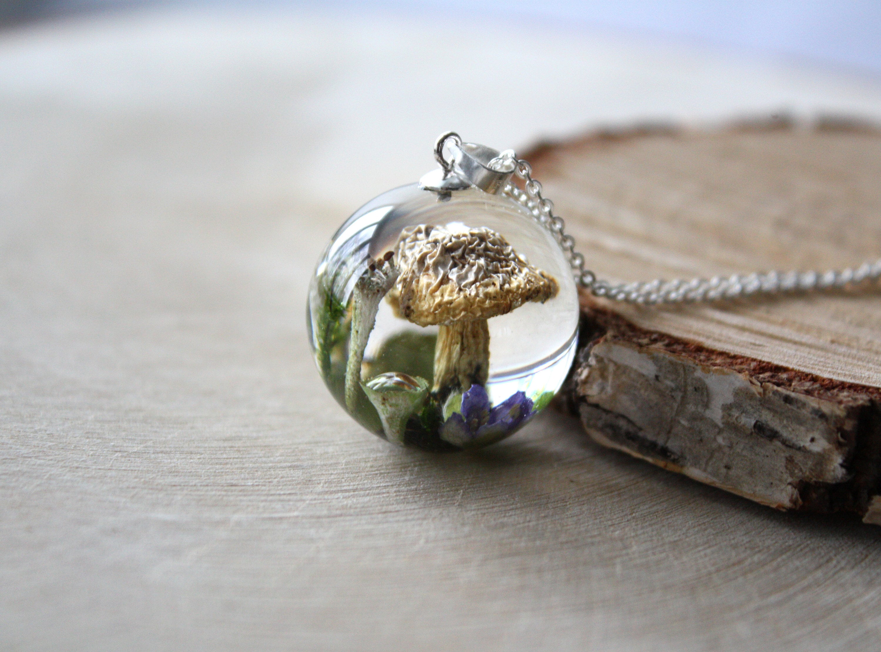 Tiny Mushroom Lichen Resin Pendant