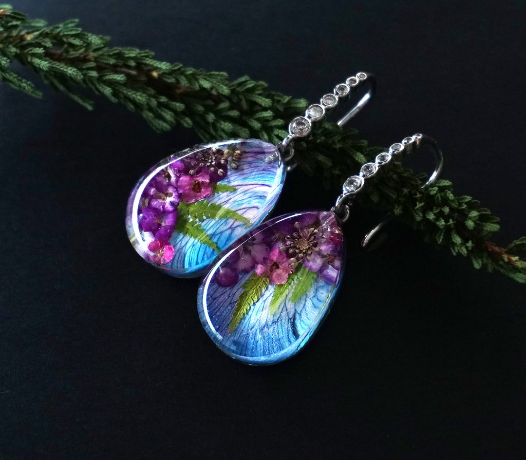 Botanical Earrings With Genuine Dried Flowers. Resin Earrings With Real