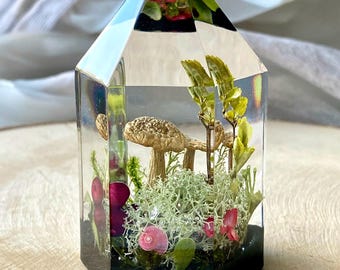 Resin Mushroom Crystal Decor, Botanical Paperweight, lichens, berries and cones