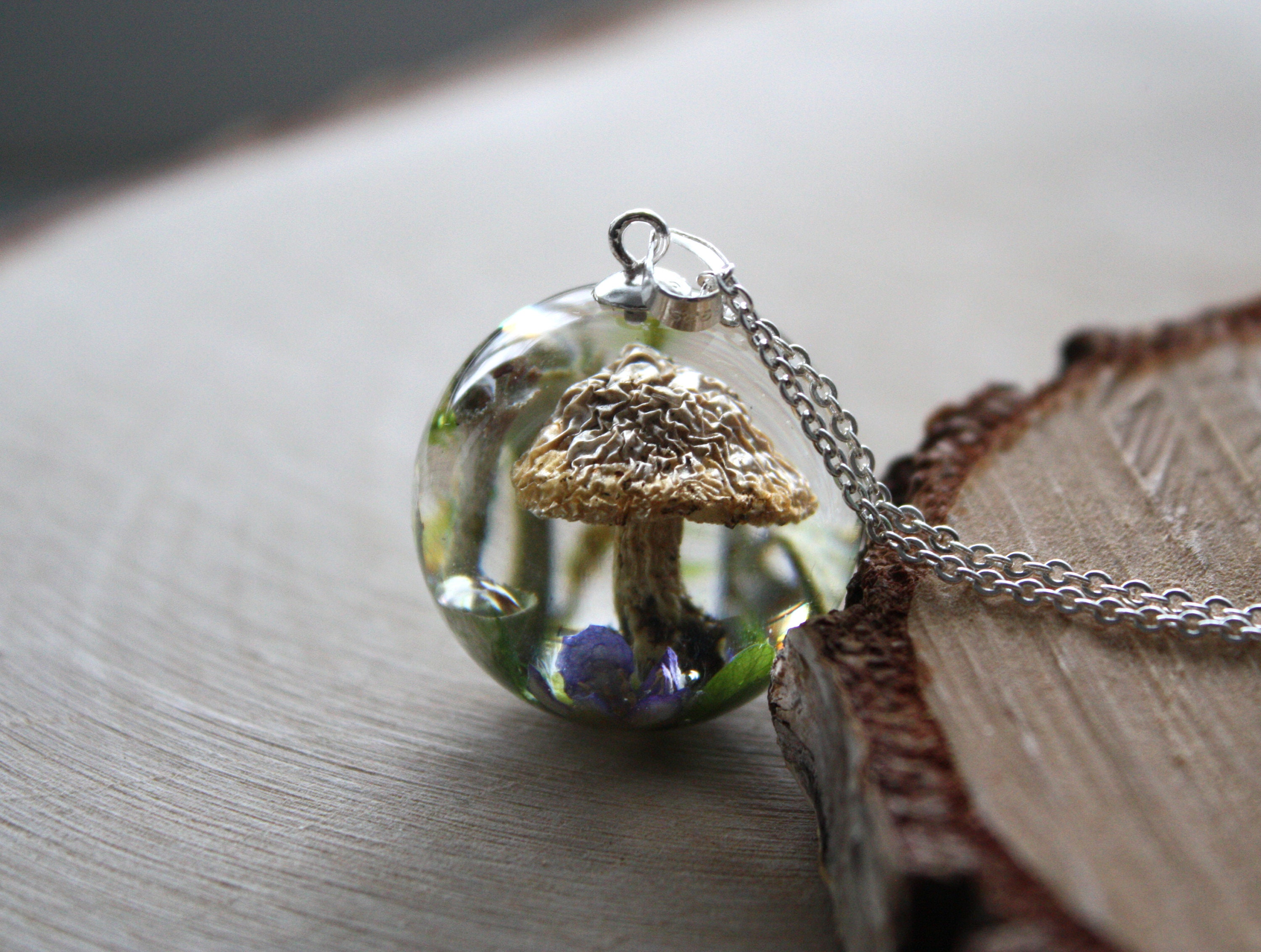 Tiny Mushroom Lichen Resin Pendant
