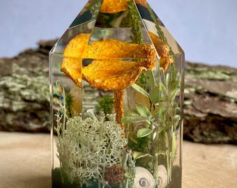 Mushroom Resin Crystal Decor, Chanterelle, Lichens, and Cones, Botanical Paperweight