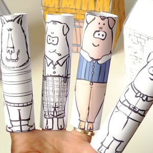 Pack de marionnettes à doigt trois petits cochons en téléchargement numérique, créations en papier pour enfants, modèle à télécharger, imprimer et fabriquer