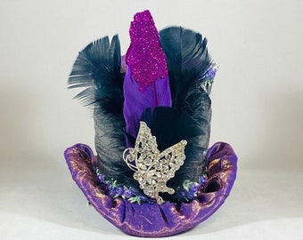 Butterfly Fabric Mini Top Hat, Purple and Black, Handmade, Cosplay, Adult Costume Hat, fascinator hat, vintage hat, Halloween, cocktail hat