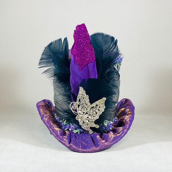Butterfly Fabric Mini Top Hat, Purple and Black, Handmade, Cosplay, Adult Costume Hat, fascinator hat, vintage hat, Halloween, cocktail hat