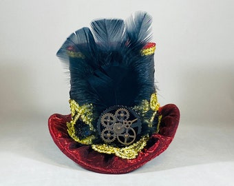 Red and Black Steampunk Fabric Mini Hat/ Handmade/ Top Hat/ Red Hat/ Adult Mini Hat/ Costume Hat/ Halloween Hat/ Party Hat