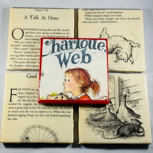 Charlotte&#39;s Web Book Page Coasters, Resin Covered, Unique Handmade Housewarming Gift, Ceramic Tile, Gift for him, book lover birthday,