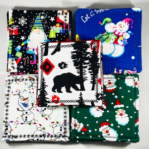 Double Sided Holiday Fabric Coasters, Set of 4, Christmas Coasters, Housewarming, Mug Rug, Drink Holders, Stocking Stuffer, White Elephant