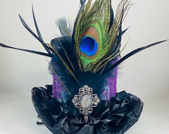 Victorian Lady Fabric Mini Hat/ Handmade/ Top Hat/ Purple and Black/ Costume Hat/ Halloween Hat/ Party Hat/ Hair Accessories