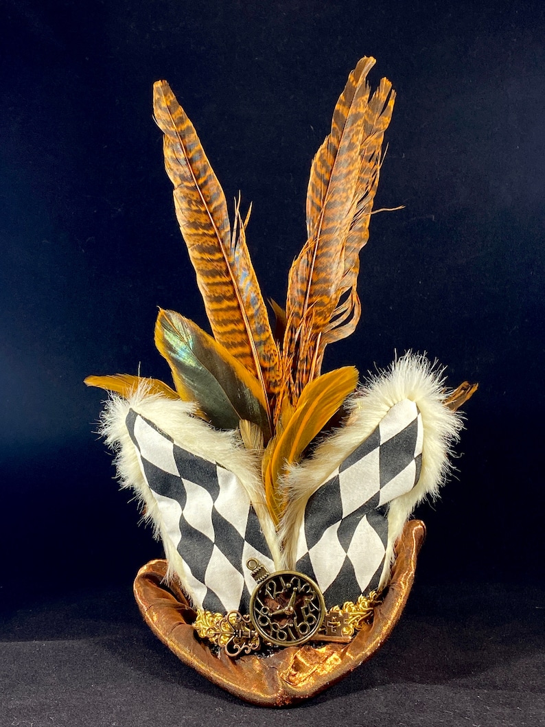 May include: A whimsical hat with a black and white checkered pattern, brown fur trim, and a gold clock and chain. The hat is topped with brown and gold feathers.